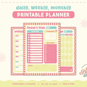 May include: A printable planner set featuring daily, weekly, and monthly templates in pastel pink, yellow, and teal. The pages include sections for to-do lists with heart icons, reminders, priorities, and notes. Text includes "daily, weekly, monthly PRINTABLE PLANNER" and "Today's Plan".