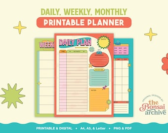 May include: A set of three printable planner pages featuring a daily, weekly, and monthly layout. The daily page includes sections for time, activity, reminders, priorities, and notes. The design uses a colorful palette with star and flower icons.