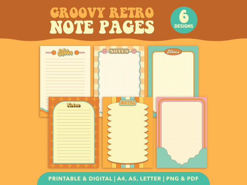Stationary Notes Inner Pages Design Groovy Retro Printable Note Pages for Journal and Digital Planner ...