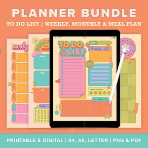 Paquete de planificadores imprimibles y digitales / Lista de tareas pendientes, semanal, mensual, plan de comidas / Y2K retro colorido / Inicio el lunes / A4, A5, carta / PNG PDF