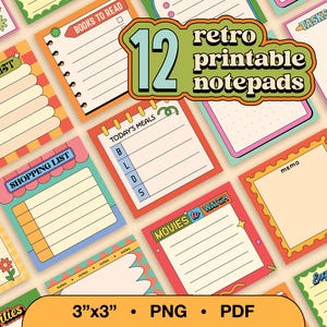 12 Retro Notatnik | Wydrukowany i cyfrowy notatnik | Lista rzeczy do zrobienia | Arkusze notatnika | Codzienne notatki samoprzylepne w stylu retro | 3"x3" | PNG i PDF