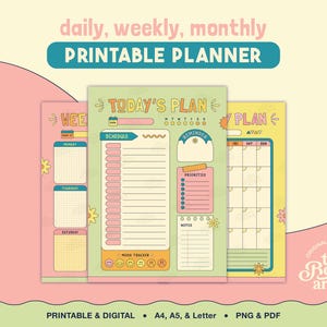 May include: A set of three printable planner pages featuring daily, weekly, and monthly layouts. The designs include sections for schedules, priorities, notes, and mood trackers with text reading daily, weekly, monthly, TODAY'S PLAN, and the bonsai archive.