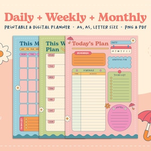 Pode incluir: Três páginas de planejador imprimíveis com um design colorido. As páginas incluem um calendário mensal, um planejador semanal e um planejador diário. As páginas são decoradas com flores e um pequeno guarda-chuva.
