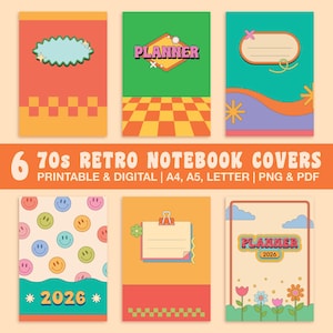 Printable & Digital 70s Retro Notebook Covers 2026 | Planner Binder Cover PNG PDF | A4, A5, Letter | Nostalgic Vibrant Colors for Goodnotes
