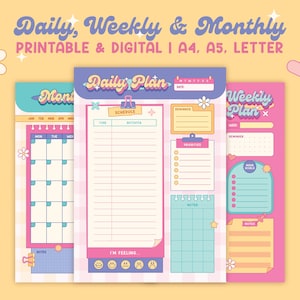 Pack d'agendas imprimables Girly de l'an 2000 | Coloré Quotidien, Hebdomadaire, Mensuel | Agenda numérique | Début du lundi | Liste de tâches | A4, A5, Lettre | PNG PDF