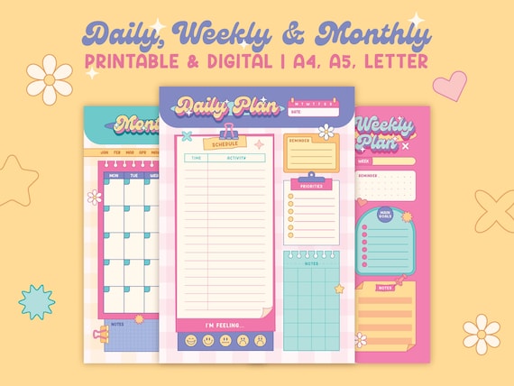 Y2K Girly Printable Planner Pack | Colorful Daily, Weekly, Monthly | Digital Planner | Monday Start | To-Do List | A4, A5, Letter | PNG PDF