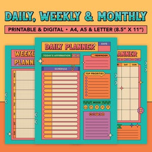 Paquete de planificador imprimible diario, semanal y mensual / Retro Pop Y2K / Planificador digital / Inicio en lunes / Lista de tareas pendientes / A4, A5, Carta / PNG, PDF