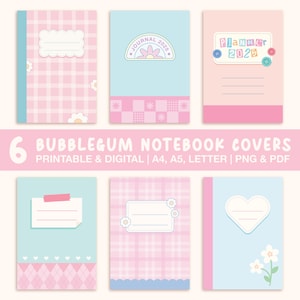 Cubiertas para agenda Bubblegum 2025 / Cubierta para cuaderno imprimible y digital / A4, A5, carta / Diario Kawaii pastel / Rosa lindo / PNG y PDF