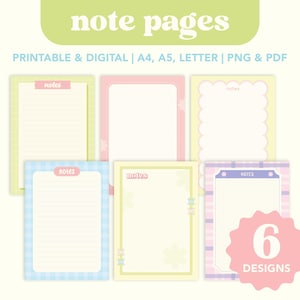 6 páginas de notas de primavera en tonos pastel para imprimir y digitalizar / Papel de diario verde kawaii / Paquete de papelería para escribir / Insertos de agenda / A4, A5, carta