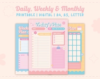 Pastel Kawaii Daily, Weekly, & Monthly Printable Planner Pack | Pink Digital Planner | Monday Start | To-Do List | A4, A5, Letter | PNG PDF
