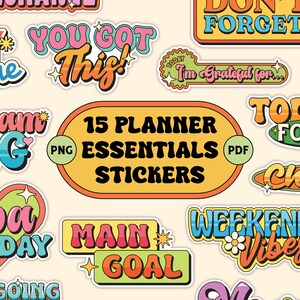 15 Y2K Retro Planner Stickers | Printable & Digital | Everyday Essential Stickers | Motivational Word Stickers | Print and Cut | PNG PDF