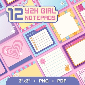 May include: A collection of 12 digital notepads featuring Y2K-inspired designs in pastel pink, blue, and yellow. The set includes various layouts like grids, lined paper, and to-do lists with icons such as hearts, stars, and flowers. Text includes 12 Y2K GIRL NOTEPADS, NOTES, TO-DO LIST, APPOINTMENTS, and CHECK-LIST. The files are 3"x3" in PNG and PDF formats.
