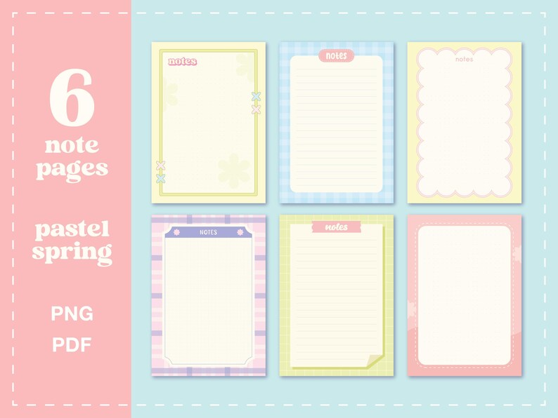 6 Pastel Spring Note Pages Printable & Digital | Kawaii Green Journal ...