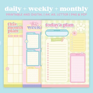 Paquete de planificador diario, semanal y mensual en tonos pastel de primavera / Planificador imprimible y digital / Comienzo el lunes / Lista de tareas pendientes / A4, A5, Carta / PNG PDF