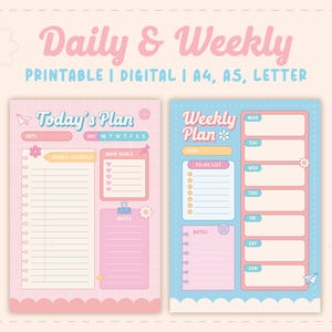Paquete de planificador imprimible diario y semanal / Pastel Kawaii Pink Blue / Planificador digital / Inicio de lunes / Lista de tareas pendientes / A4, A5, Carta / PNG PDF