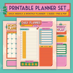 Könnte beinhalten: Ein druckbares Planer-Set im Retro-Design. Das Set enthält Tages-, Wochen- und Monatsplaner in drei Größen, verfügbar in PNG- und PDF-Formaten. Der Tagesplaner verfügt über eine To-Do-Liste, einen Bereich für Hauptziele und einen Stimmungstracker.