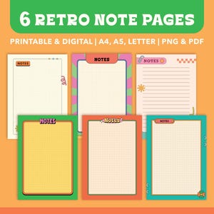 May include: Six printable retro note pages in various colors and designs. The pages feature the word "NOTES" in a bold font and have different patterns, including grid, lines, and polka dots.