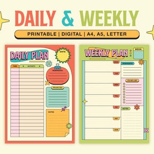 Paquete de planificador diario y semanal / Imprimible y digital / Pop retro Y2K / Inicio del lunes / Programa diario / A4, A5, Carta / PNG PDF /