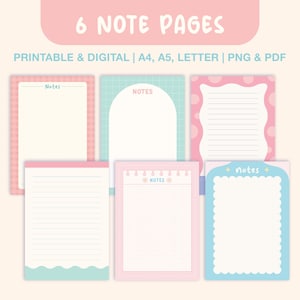 Lindas páginas de notas en colores pastel para imprimir y digitalizar / Papel de papelería kawaii rosa / Diario rayado, de puntos y cuadrícula / Goodnotes / A4, A5, carta / PNG PDF