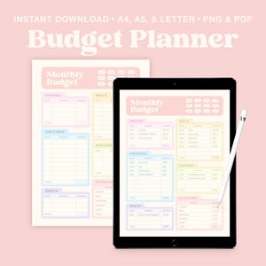 May include: A digital budget planner on a tablet and a printed sheet. The planner has pastel colour-coded sections for income, bills, expenses, savings, and debts. The text "Budget Planner" is at the top.