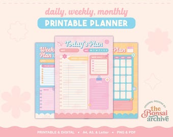 May include: A set of three printable planner pages featuring daily, weekly, and monthly layouts in pastel pink, blue, and yellow. The pages include headers like Today's Plan, Weekly Plan, and Plan, with sections for goals, notes, and to-do lists.