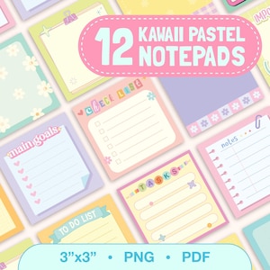 Puede incluir: Doce diseños de blocs de notas de color pastel con diferentes títulos e ilustraciones. Los blocs de notas miden 3 pulgadas por 3 pulgadas y están disponibles en formatos PNG y PDF.