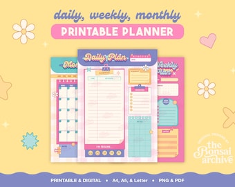 May include: A set of printable planner pages including daily, weekly, and monthly layouts. The designs feature pastel colors, retro typography, and floral accents. Text includes "daily, weekly, monthly PRINTABLE PLANNER", "Daily Plan", and "Weekly Plan".