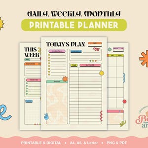Op de afbeelding: Een set printbare dag-, week- en maandplannerpagina's met een crèmekleurige achtergrond en kleurrijke accenten. De tekst bevat "DAILY, WEEKLY, MONTHLY PRINTABLE PLANNER", "TODAY'S PLAN", "PRIORITIES", "REMINDERS", "NOTES" en "the Bonsai archive".