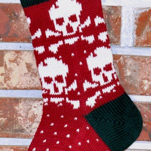 Small Knit Christmas Stocking, 100% U.S. Wool - White Skulls with Green Trim - Made in U.S.A. (Washington State)