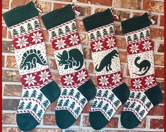 Bas de Noël dinosaures en tricot personnalisé - 100 % laine des États-Unis, fait main aux États-Unis