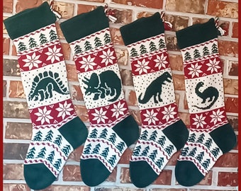 Personalized Knit 100% U.S. Wool Large Dinosaur Christmas Stockings. With Optional Fench Angora Trim. Made in the USA (Washington State)