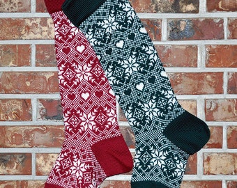 Personalized Knit Christmas Stocking- 100% U.S. Wool - Snowflakes & Hearts - CRANBERRY- Made in the U.S.A. (Washington State)