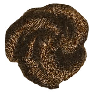 May include: A close-up of a ball of metallic gold yarn. The yarn has a subtle shimmer and is tightly wound.