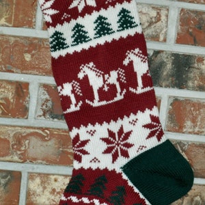 Personalized Knit Christmas Stocking- 100% U.S. Wool- Handmade - Rocking Horse with Patterned Foot - Made in U.S.A. (Washington State)