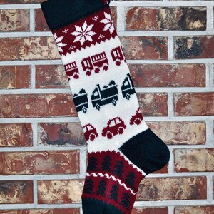 Personalized Knit Christmas Stocking- 100% U.S. Wool - Trucks & Cars- Christmas Stocking Made in the U.S.A. (Washington State)