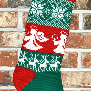 Knit Personalized Angels and Reindeer Christmas Stocking - 100% U.S. Wool, Handmade in USA