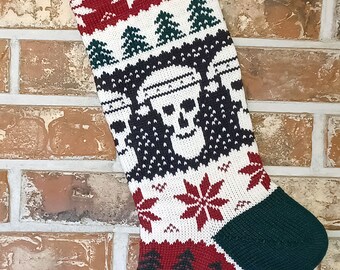 Personalized Handmade Knit Christmas Stocking - 100% U.S. Wool - Santa Skull - Made in U.S.A. (Washington State).