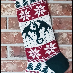 Personalized Knit Christmas Stocking - 100% Wool - Green Dragon - Made in U.S.A. (Washington State).