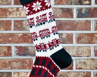 Personalized Knit Christmas Stocking- 100% U.S. Wool - Trains- Made in the U.S.A. (Washington State)