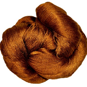 May include: A skein of brown silk yarn, tightly wound and ready for knitting or crocheting.