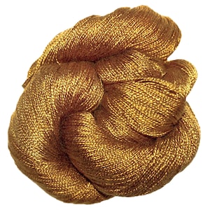 May include: A close-up of a skein of gold yarn. The yarn is tightly wound, with a textured appearance. The colour is a rich, metallic gold, with subtle variations in tone. The yarn appears to be made of a shiny, possibly synthetic material.