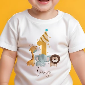 T-shirt, birthday shirt, bodysuit, personalized for birthday child, jungle animals, safari, giraffe, lion, elephant, wild one, 1st birthday