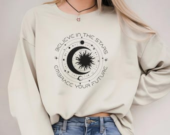 Celestial Sweatshirt, Moon Phase Hoodie, Sun Moon Stars Sweater, Astronomy Shirt, Spiritual Gift, Solar System, Boho Mystical
