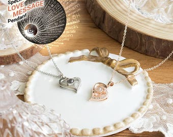 I Love You Necklace 100 Languages Pendant - Gift for Her, LED Projection - Customizable Heart Jewelry