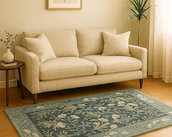 Hand-Tufted Blue Floral Wool Rug | Elegant Traditional Carpet | Living Room, Bedroom, Dining Area