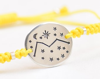 Sterling silver cassiopeia constellation Hand stamped adjustable cord bracelet.Women or Mens bracelet.Zodiac Jewelry.