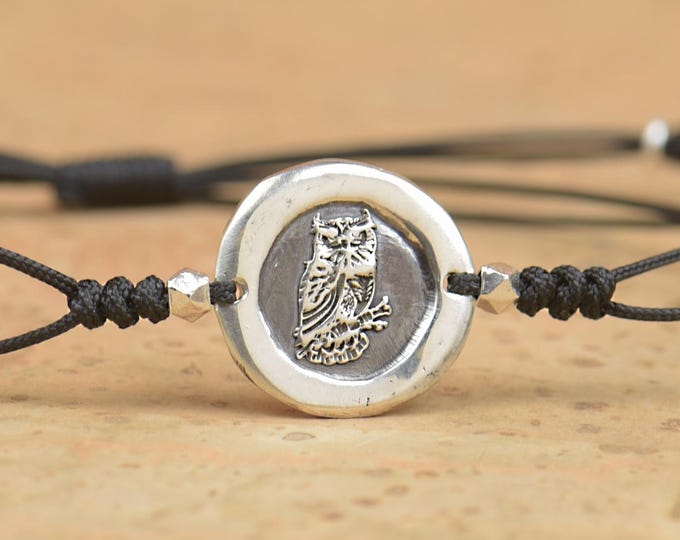 Sterling silver owl bracelet. Wax seal jewelry.Mens bracelet.Owl Mystery adjustable