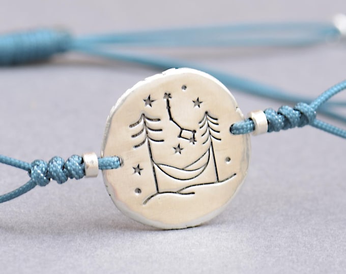 Sterling silver hammock camping mountain charm bracelet.Ursa Minor bracelet.Snake knot braided cord.Small dipper.Waterproof.Nature.Mens gift