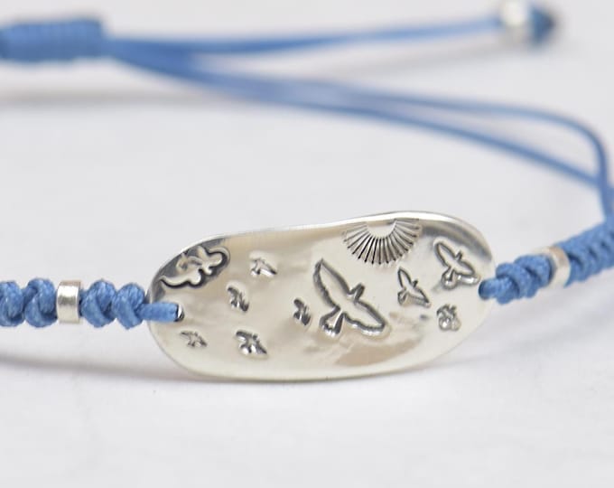 Sterling silver birds bracelet.Mens gift.Birds flying bracelet.Braided cord.Waterproof bracelet.27 colors.Nature bracelet.Freedom bracelet