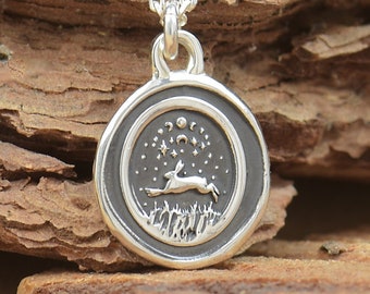 Sterling silver rabbit pendant.Handmade piece.Year of the rabbit.Starry night mountain.Hare pendant ,hare necklace,rabbit necklace
